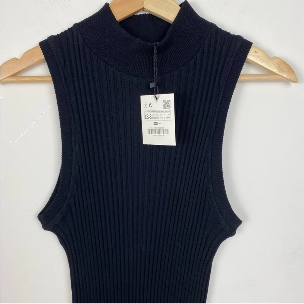 ZARA NWT Form Fitting Mock Neck Rib Knit Midi Dress, Black, Size XS-S - Picture 4 of 11